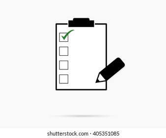checkmark icon. Clipboard form with pen and checklist icon.