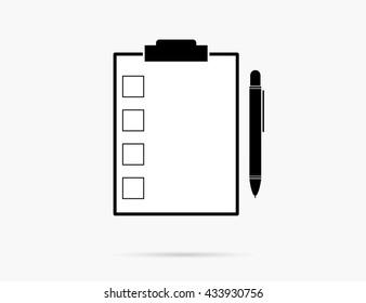checkmark icon. Clipboard form with pen and checklist icon.