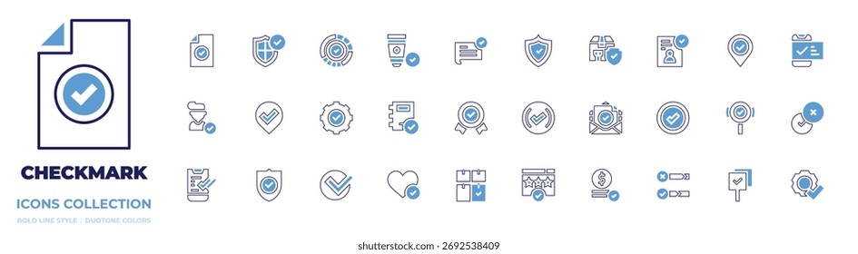 Colección de icono de marca de verificación. Estilo de línea en negrita. Satisfacción del Cliente, control, protección, barra, correcto, marca de verificación, seguridad, insignia, nota adhesiva.