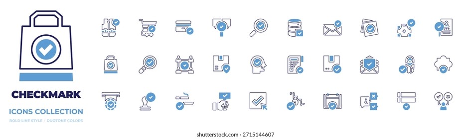 Checkmark icon collection. Bold line style. Duotone colors. search, mind, check, answer, sent, accept, choose, cart, package, note, checked, credit card, database.