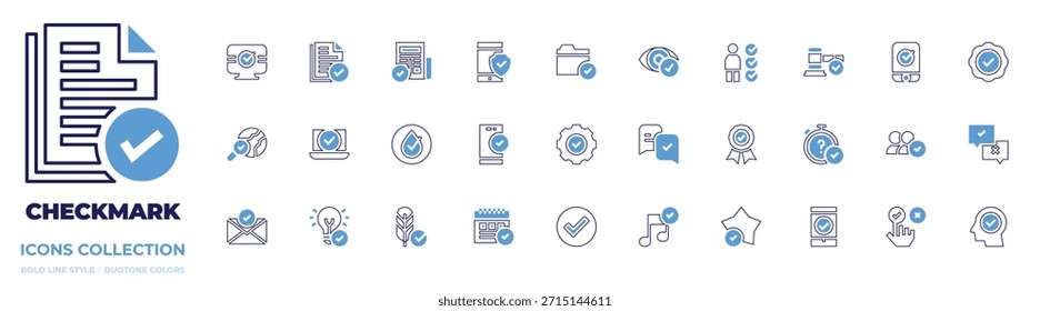 Colección de icono de marca de verificación. Estilo de línea en negrita. Etiqueta engomada, Encuesta, garrapata, cheque, carpeta, aprueba, instalación fácil, aprobado, seguro, estrella, calendario.
