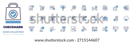Checkmark icon collection. Bold line style. Duotone colors. search, mind, check, answer, sent, accept, choose, cart, package, note, checked, credit card, database.