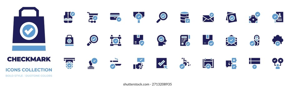 Coleção de ícones de marca de seleção. Estilo negrito. Cores duotônicas. pesquisar, mente, verificar, responder, enviado, aceitar, escolher, carrinho, pacote, nota, verificado, cartão de crédito, banco de dados.