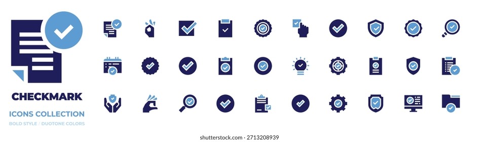 Colección de icono de marca de verificación. Estilo audaz. Casilla de verificación, ok, verificación, aprobado, Portapapeles, verificación, tick, escudo, calendario, tarea, protección, sí.