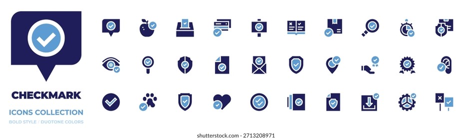 Colección de icono de marca de verificación. Estilo audaz. Marca de verificación, aprobado, propuesta de valor, inspección, admite mascotas, seguridad, versión, buena, escudo.