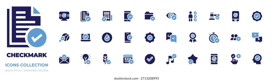 Colección de icono de marca de verificación. Estilo audaz. Etiqueta engomada, Encuesta, garrapata, cheque, carpeta, aprueba, instalación fácil, aprobado, seguro, estrella, calendario.