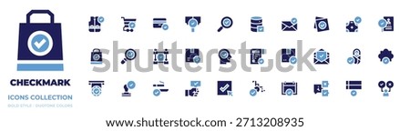 Checkmark icon collection. Bold style. Duotone colors. search, mind, check, answer, sent, accept, choose, cart, package, note, checked, credit card, database.