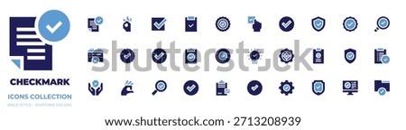 Checkmark icon collection. Bold style. Duotone colors. checkbox, ok, verification, approved, clipboard, check, tick, shield, calendar, task, protection, yes.