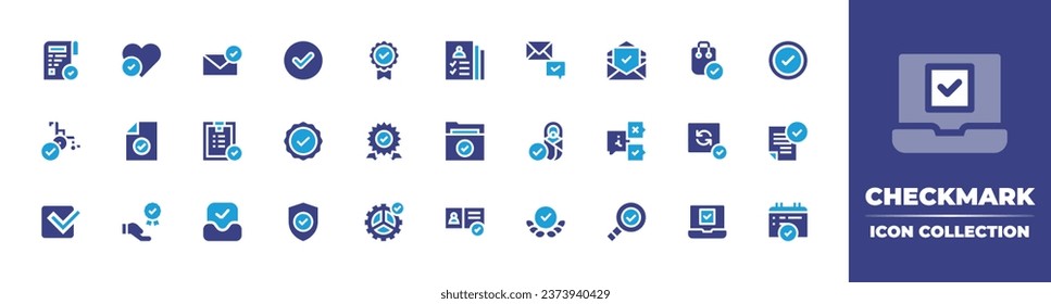 Colección de iconos de marca de verificación. Color de duotona. Ilustración vectorial. Conteniendo aceptar, comprobar, verificar, aprobar, proteger, calendario, propuesta de valor, registrado, carpeta, identificación, inspección.