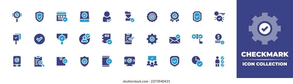 Checkmark icon collection. Duotone color. Vector illustration. Containing verification, approval, check, easy installation, quality control, audience, data storage, shield, verified, accepted, verify.