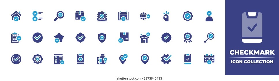 Checkmark icon collection. Duotone color. Vector illustration. Containing pros and cons, ok, check, tick, checkmark, package, hired, done, verified, quality control, award, success, calendar, approval