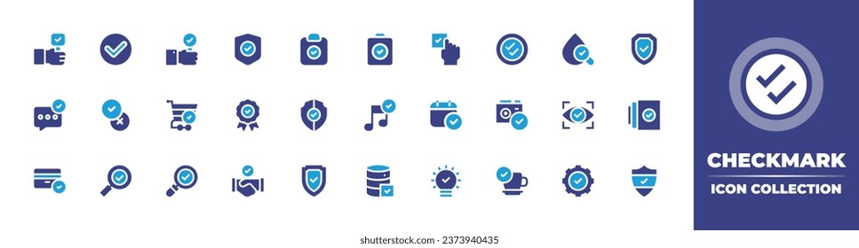 Checkmark icon collection. Duotone color. Vector illustration. Containing approve, check mark, intellectual property, security, shield, water drop, version, badge, view, safety, deal, checked, right.