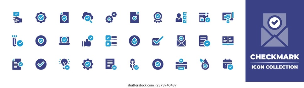 Checkmark icon collection. Duotone color. Vector illustration. Containing verify, badge, security, check, checklist, searching, box, accept, easy installation, hypoallergenic, insurance, auction.