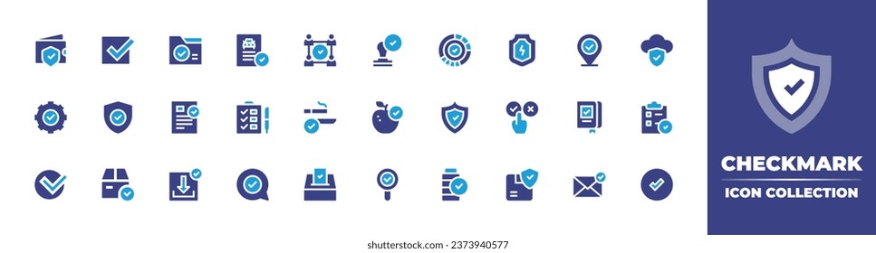 Colección de iconos de marca de verificación. Color de duotona. Ilustración vectorial. Conteniendo casilla de verificación, seguro, escudo, respuesta, casilla, aprobado, prueba de conducción, datos en la nube, lista de verificación, portapapeles, verificado, sí, carpeta.