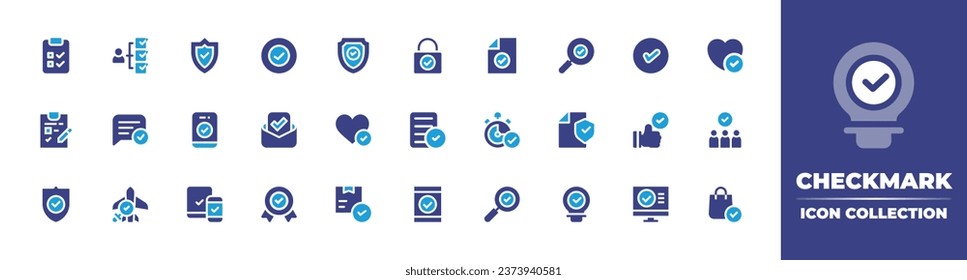 Checkmark icon collection. Duotone color. Vector illustration. Containing approval, check, document, tick, accept, analysis, package, idea, security, badge, search, shopping bag, shield, padlock.