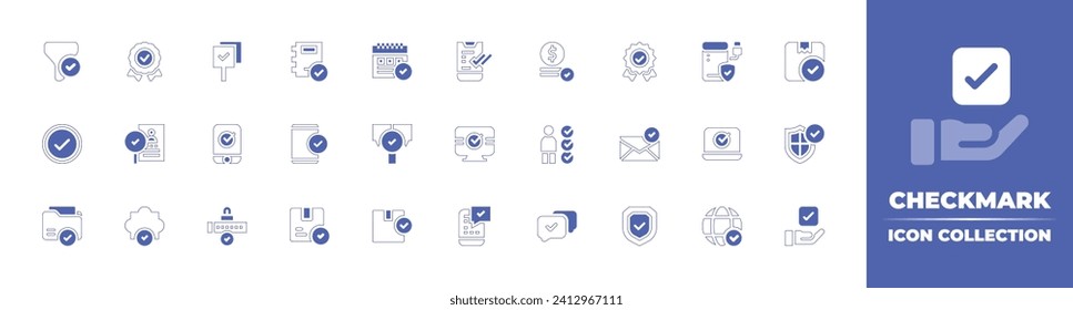 Checkmark icon collection. Duotone style line stroke and bold. Vector illustration. Containing delivered, protection, check, badge, calendar, validation, answer, sent, acceptance, double check, hard.