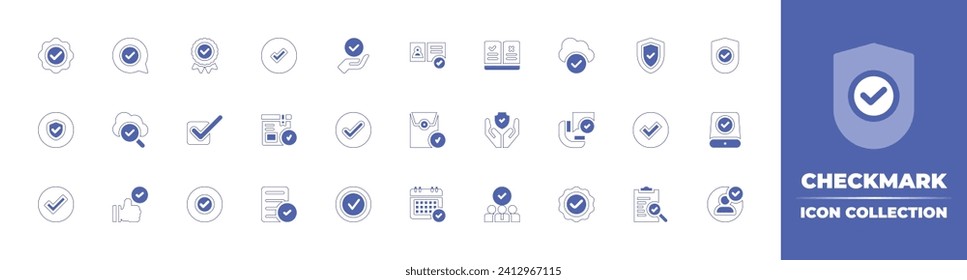 Checkmark icon collection. Duotone style line stroke and bold. Vector illustration. Containing verify, badge, success, compliant, verification, security, check, correct, protection, checklist, done.