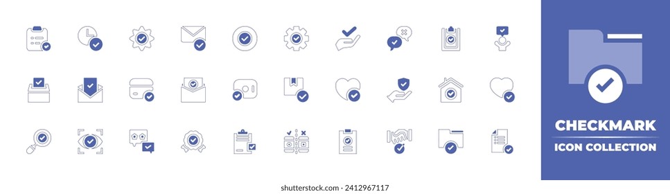 Colección de iconos de marca de verificación. Curso de línea de estilo duotónico y negrita. Ilustración vectorial. Conteniendo encuesta, correcta, marca de verificación, marca de graduación, marca de graduación, democracia, marca de verificación, hora, correo, equipo, opinión, éxito.