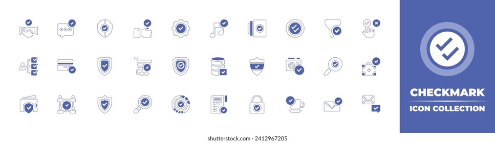 Checkmark icon collection. Duotone style line stroke and bold. Vector illustration. Containing security, version, shield, safety, deal, checked, filter, padlock, checklist, verification, search.