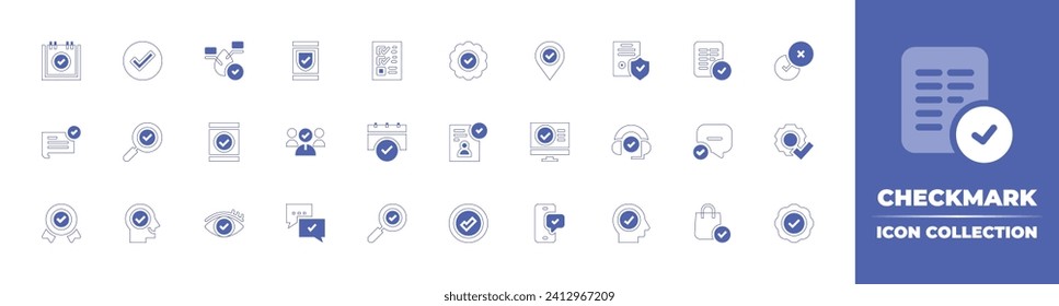 Checkmark icon collection. Duotone style line stroke and bold. Vector illustration. Containing approve, customer satisfaction, check, sticker, check mark, accept, checkmark, tick, badge, search.