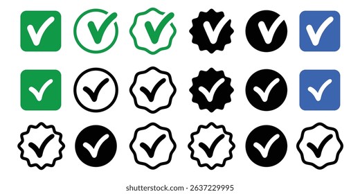Checkmark icon collection. Green , black and blue checkmark vector set. Checked check box sign.