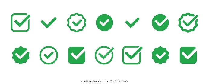 Coleção de ícones de marca de seleção. Vetor de marca de seleção verde definido. Assinatura da caixa de seleção marcada.