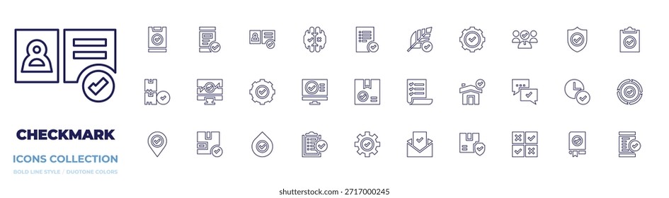Colección de icono de marca de verificación. Estilo de línea. Renovar, comprobación, Comentarios, Identificación, éxito, conformidad, toma de decisiones, verificación, engranaje.
