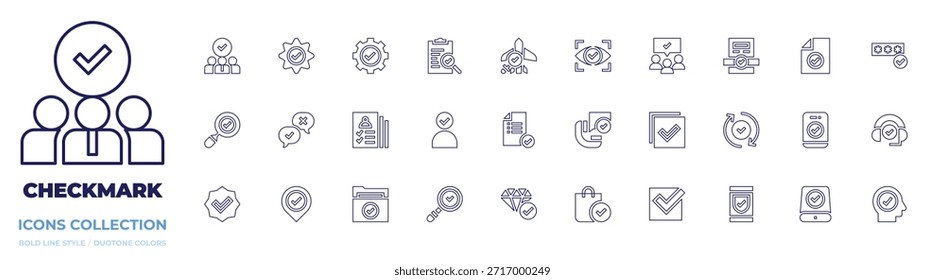Sammlung von Prüfzeichensymbolen. Linienstil. Bearbeitbarer Strich. Mitarbeiter, Qualitätskontrolle, Zielgruppe, korrekt, Häkchen, Dokument, Häkchen, Analyse, registriert, eingestellt.