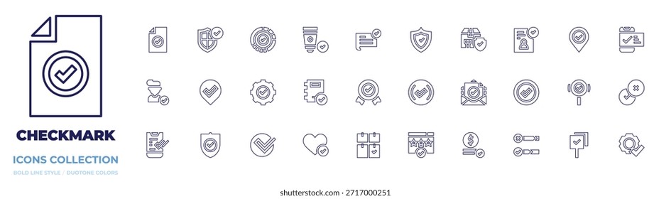 Coleção de ícones de marca de seleção. Estilo da linha. Curso editável. satisfação do cliente, verificação, proteção, bar, correto, marca de verificação, segurança, crachá, nota adesiva.