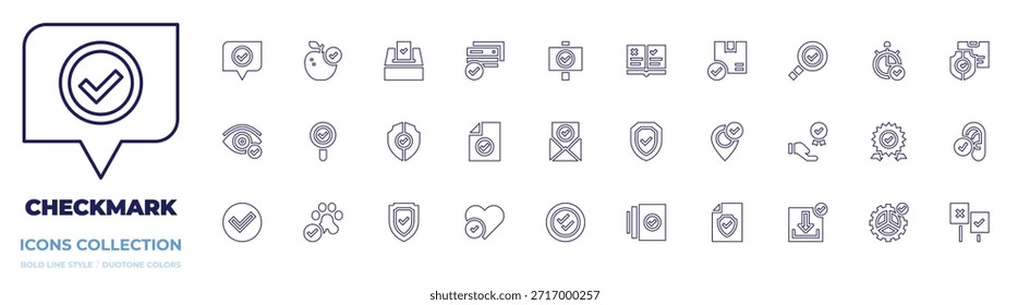Colección de icono de marca de verificación. Estilo de línea. Marca de verificación, aprobado, propuesta de valor, inspección, admite mascotas, seguridad, versión, bueno, escudo.