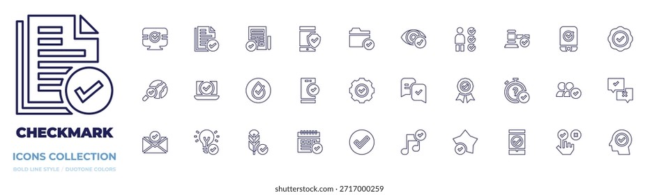 Colección de icono de marca de verificación. Estilo de línea. Pegatina, Encuesta, tick, check, carpeta, aprobar, fácil instalación, aprobado, seguro, estrella, calendario.