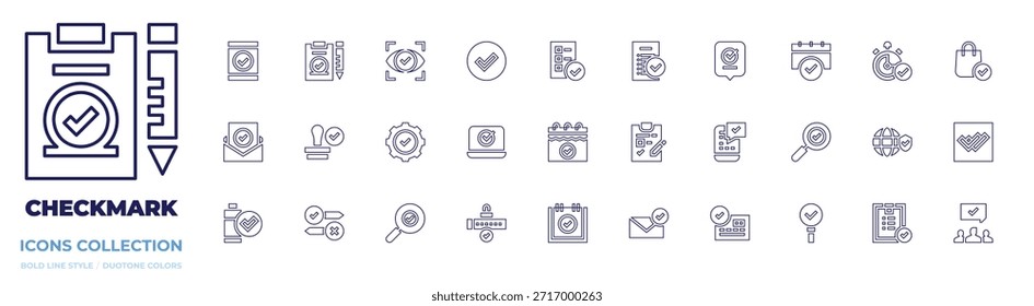 Coleção de ícones de marca de seleção. Estilo da linha. decisão editável do curso., lista de verificação, marca de verificação, marca de verificação, pesquisa, sacola de compras, oferta, cheque duplo, acordo.
