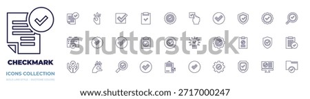 Checkmark icon collection. Line style. Editable stroke. checkbox, ok, verification, approved, clipboard, check, tick, shield, calendar, task, protection, yes.