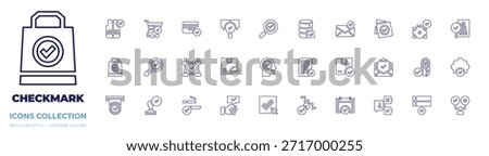 Checkmark icon collection. Line style. Editable stroke. search, mind, check, answer, sent, accept, choose, cart, package, note, checked, credit card, database.