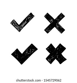 Checkmark icon doodles. Approval tick and wrong X cross. Hand drawn check mark symbols.
