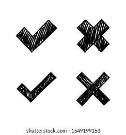 Checkmark icon doodles. Approval tick and wrong X cross. Hand drawn check mark symbols.