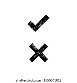 Markierungssymbol-Doodles. Genehmigungszeichen und falsches X-Kreuz. Handgezeichnete Markensymbole.
