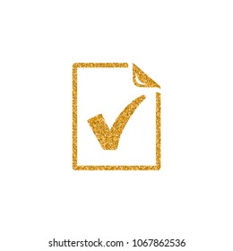 Checkmark icon in gold glitter texture. Sparkle luxury style vector illustration.
