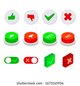 Icono de marca de verificación en verde. El icono de la cruz es rojo. Conjunto de varios iconos cruzados y de marca de verificación. sí y ninguna señal. Como y no me gusta. Interruptor de apagado. Diseño. Botones diferentes. Plano. Vector. 