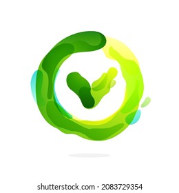 Checkmark icon made of two splashes inside a circle. Watercolor style. Emblem for your eco-friendly Illustrations, and plastic free living and zero waste projects. 