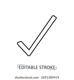 Um ícone de marca de seleção em um estilo de linha minimalista com traçado editável. Escolha correta, símbolo de sucesso, tarefa concluída, acordo comercial, voto positivo, sinal de confirmação de aprovação.
