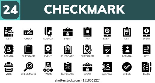 checkmark icon set. 24 filled checkmark icons.  Collection Of - List, Check, Agenda, Event, Task, Clipboard, Vote, Check mark, Tasks icons