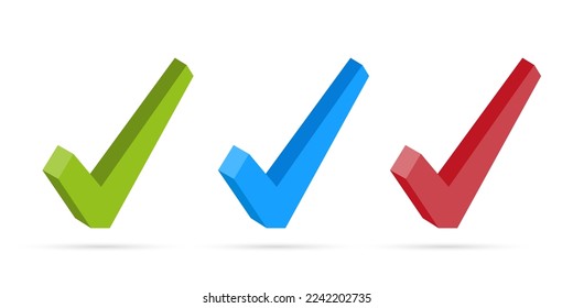 Checkmark icon set. 3d tick sign. Yes that's true. Isolated vector illustration