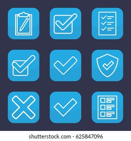 Checkmark icon. set of 9 outline checkmark icons such as tick, checklist, cross, shield