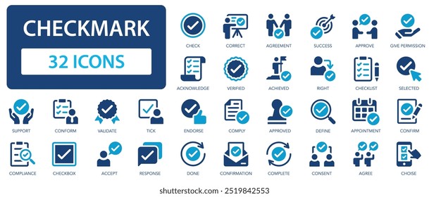 Conjunto de iconos de marca de verificación. Aceptar, verificar, confirmar, aprobar, aceptar, seleccionar, lista de comprobación.