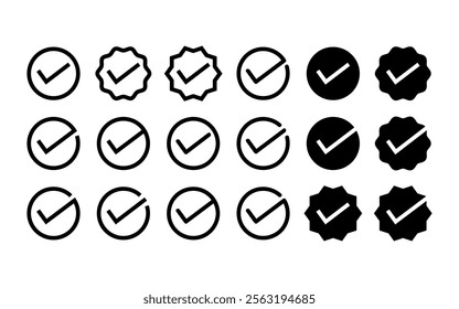 Checkmark icon set, approved symbol, checked checkbox mark.