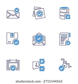Conjunto de iconos de marca de verificación. Estilo de línea en negrita. Colores duotónicos. Movimiento editable. enviado, nota, comprobado, base de datos, correo electrónico, cheque, contrato, información, silla de ruedas.