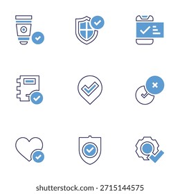 Conjunto de iconos de marca de verificación. Estilo de línea en negrita. Colores duotónicos. Satisfacción del Cliente, protección, correcto, seguridad, orden, fácil instalación, como, crema solar.