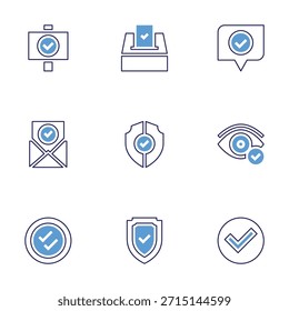 Conjunto de iconos de marca de verificación. Estilo de línea en negrita. Colores duotónicos. Aprobado, seguridad, bueno, escudo, visión, cheque, correo electrónico, doble cheque, voto.