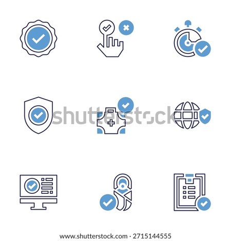 Checkmark icon set. Bold line style. Duotone colors. Editable stroke. verification, shield, checkmark, chronometer, world, check list, rating, first aid kit.